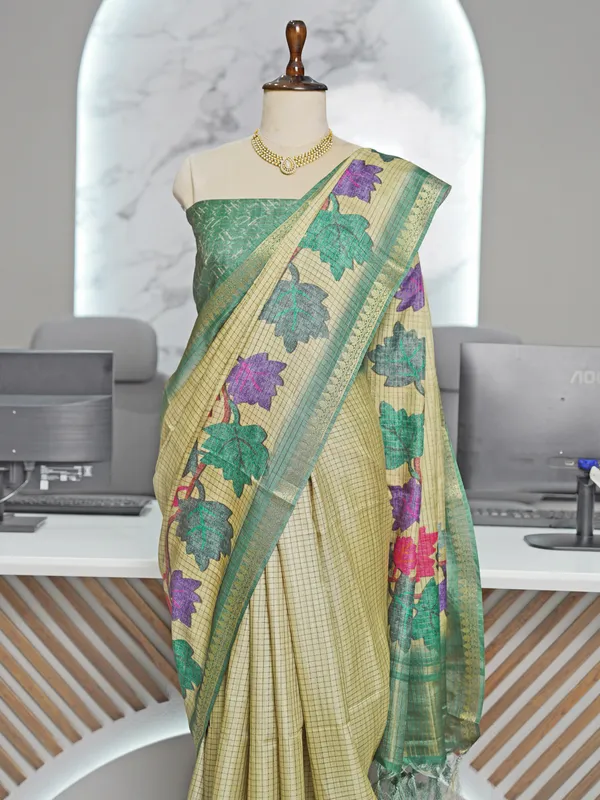 Soft_Tussar_Silk_sarees_with_Beautiful_Digital_Print_With_Attractive_Checks_Design_Saree_And_Digital_Print_Blouse_With_Tassels