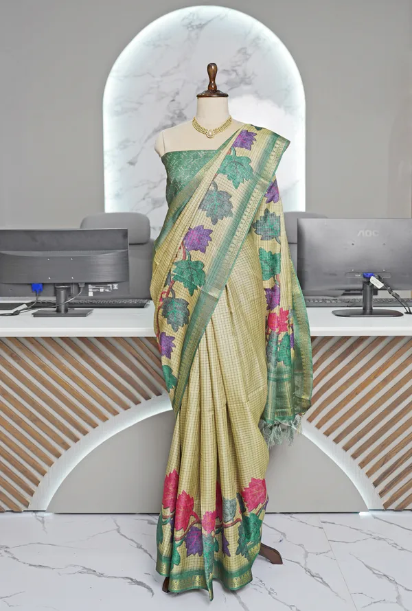 Soft_Tussar_Silk_sarees_with_Beautiful_Digital_Print_With_Attractive_Checks_Design_Saree_And_Digital_Print_Blouse_With_Tassels