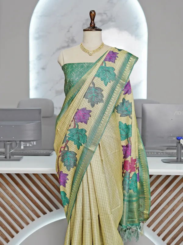 Soft_Tussar_Silk_sarees_with_Beautiful_Digital_Print_With_Attractive_Checks_Design_Saree_And_Digital_Print_Blouse_With_Tassels