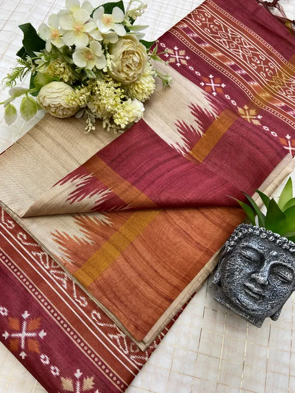 Vamika_Maroon_&_Orange_–_Divine_Navratri_Special_|_Soft_Tussar_Silk_Saree_with_Print,_Border_&_Contrast_Print_Blouse_with_Tassels