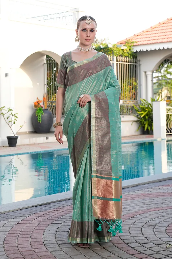Sarika_Rama_Green_–_Diwali_Special_|_Soft_Tissue_Linen_Silk_Saree_with_Weaving,_Border_&_Rich_Pallu,_Sequence_&_Running_Blouse_with_Tassels