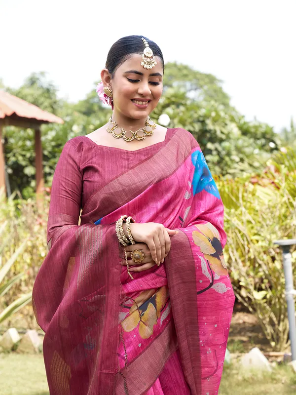 Yukti_Pink_–_Navratri_Special_|_Soft_Tussar_Silk_Saree_with_Print,_Border_&_Contrast_Print_Blouse_with_Tassels
