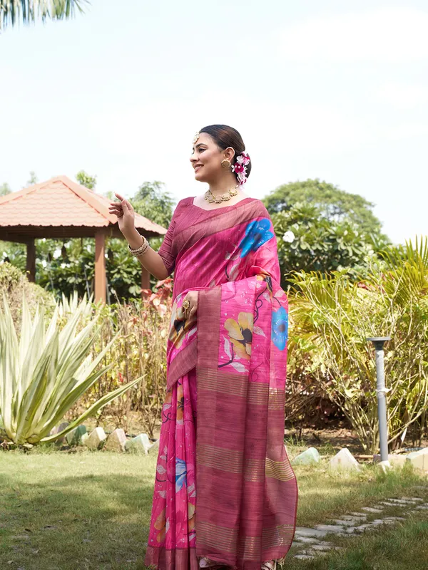 Yukti_Pink_–_Navratri_Special_|_Soft_Tussar_Silk_Saree_with_Print,_Border_&_Contrast_Print_Blouse_with_Tassels