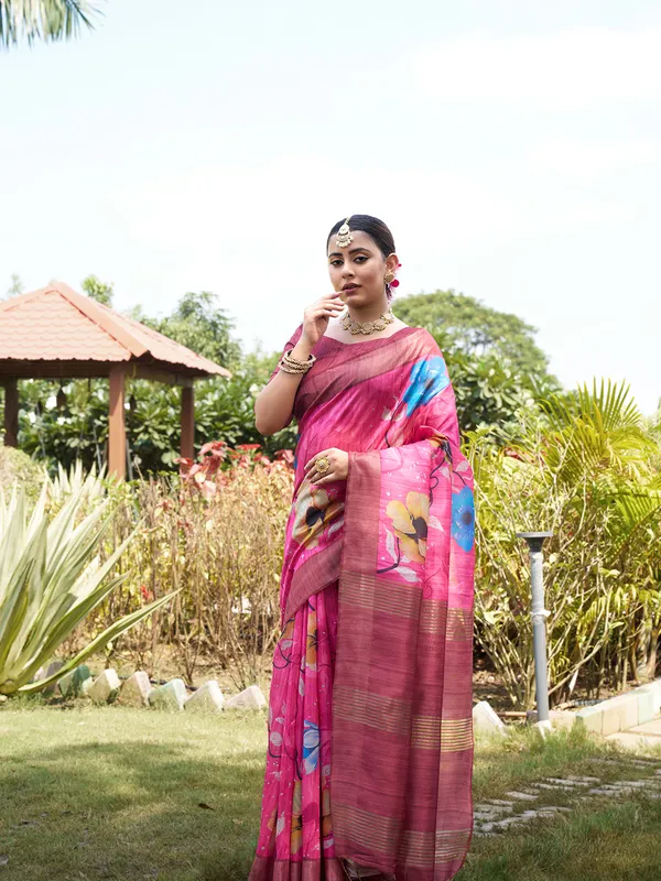 Yukti_Pink_–_Navratri_Special_|_Soft_Tussar_Silk_Saree_with_Print,_Border_&_Contrast_Print_Blouse_with_Tassels