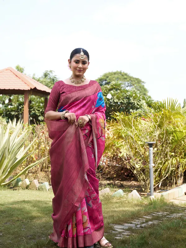 Yukti_Pink_–_Navratri_Special_|_Soft_Tussar_Silk_Saree_with_Print,_Border_&_Contrast_Print_Blouse_with_Tassels