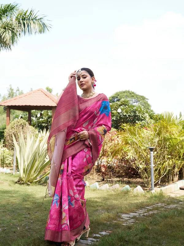 Yukti_Pink_–_Navratri_Special_|_Soft_Tussar_Silk_Saree_with_Print,_Border_&_Contrast_Print_Blouse_with_Tassels