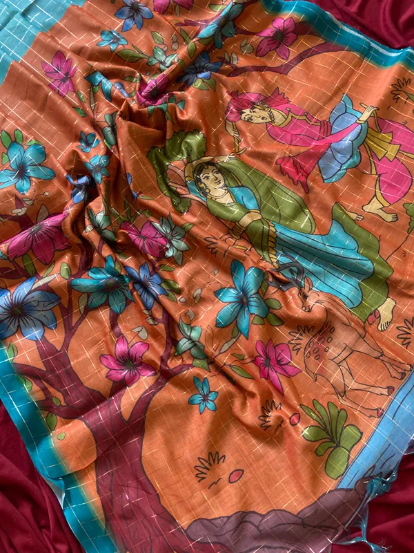 Baani_Rama_Green_–_Navratri_Special_|_Soft_Semi_Tussar_Silk_Saree_with_Digital_Print,_Border_&_Contrast_Print_Blouse_with_Tassels
