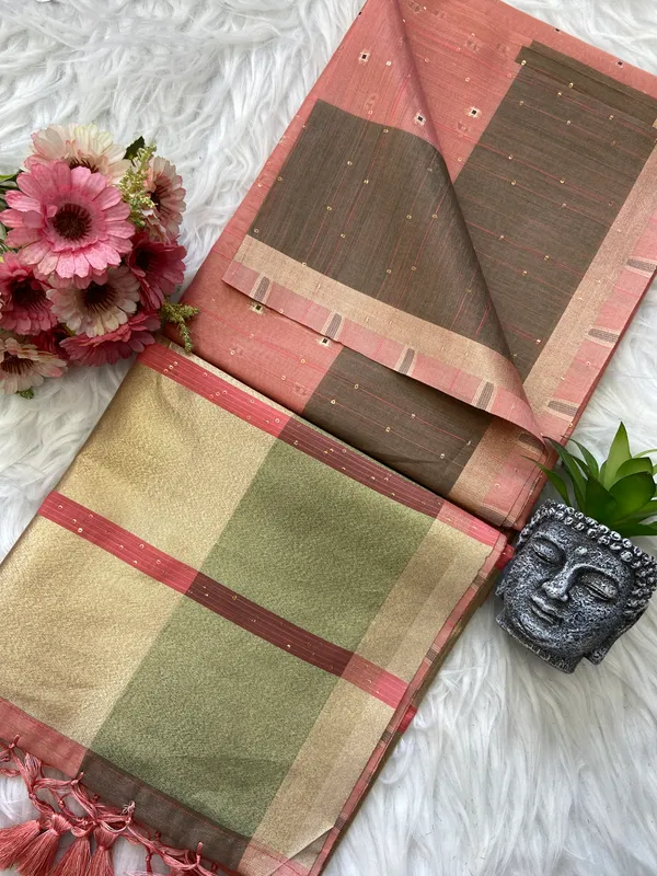 Soft_Tissue_Linen_Silk_sarees_with_Beautiful_Weaving_With_Attractive_Border_&_Rich_Pallu_With_Sequence_And_Running_Blouse_With_Tassels