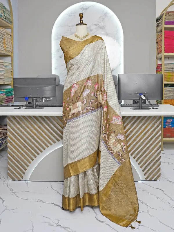 Soft_Tussar_Silk_sarees_with_Beautiful_Digital_Print_With_Attractive_Checks_Design_Saree_And_Digital_Print_Blouse_With_Tassels