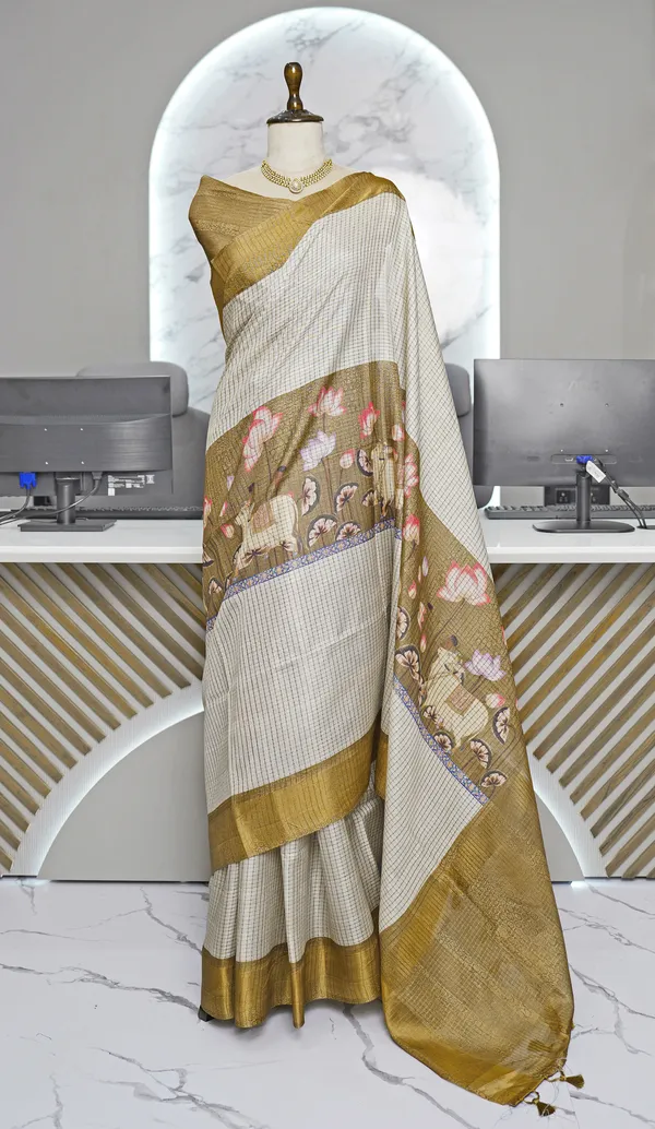 Soft_Tussar_Silk_sarees_with_Beautiful_Digital_Print_With_Attractive_Checks_Design_Saree_And_Digital_Print_Blouse_With_Tassels