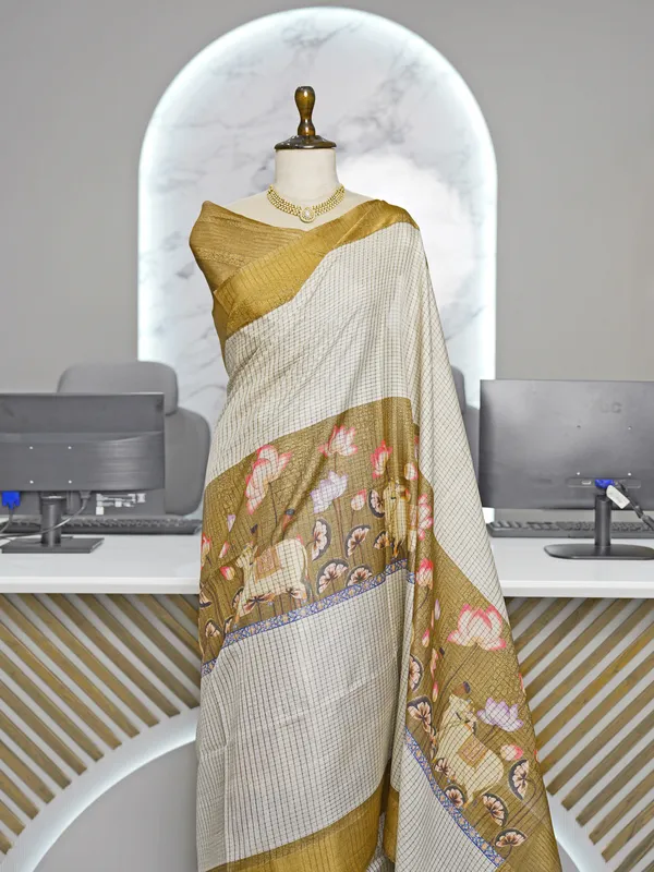 Soft_Tussar_Silk_sarees_with_Beautiful_Digital_Print_With_Attractive_Checks_Design_Saree_And_Digital_Print_Blouse_With_Tassels