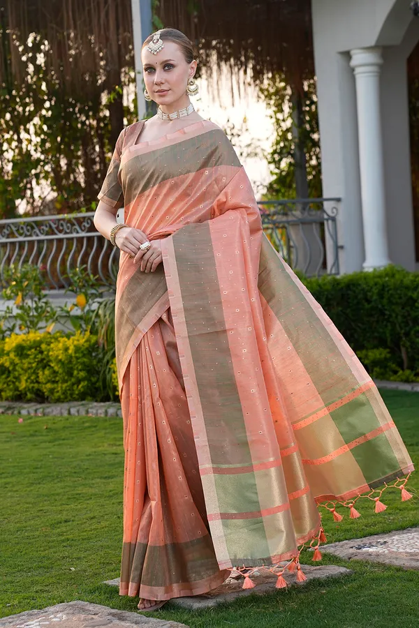 Sarika_Orange_–_Diwali_Special_|_Soft_Tissue_Linen_Silk_Saree_with_Weaving,_Border_&_Rich_Pallu,_Sequence_&_Running_Blouse_with_Tassels