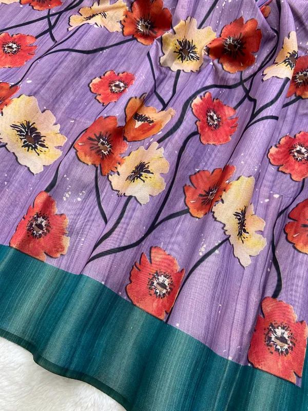 Arunima_Rama_Green_–_Dawn_Blush_Navratri_Special_|_Soft_Tussar_Silk_Saree_with_Print,_Border_&_Contrast_Print_Blouse_with_Tassels
