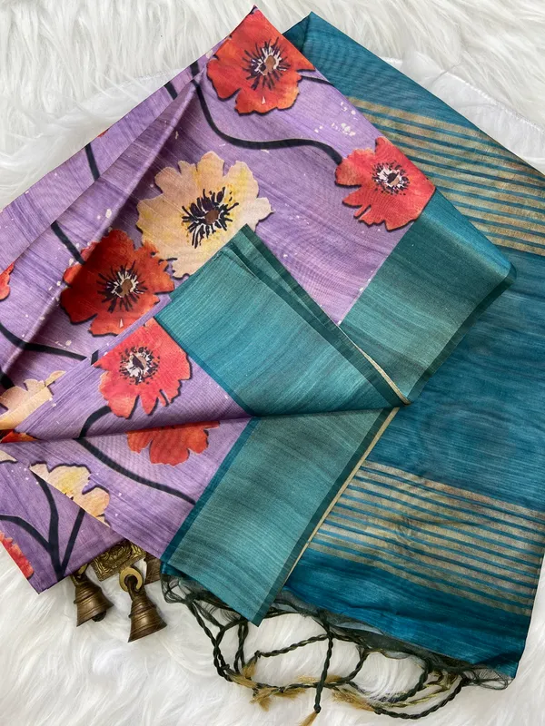 Arunima_Rama_Green_–_Dawn_Blush_Navratri_Special_|_Soft_Tussar_Silk_Saree_with_Print,_Border_&_Contrast_Print_Blouse_with_Tassels