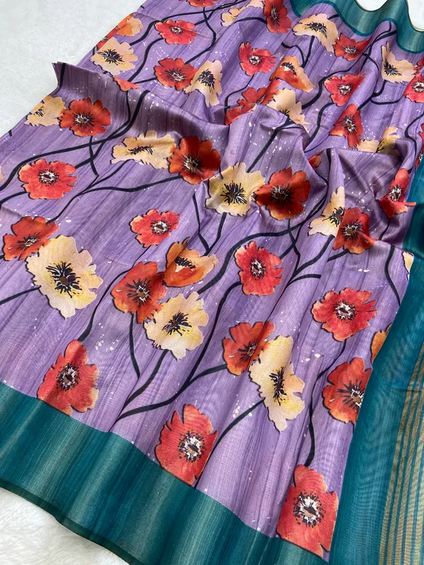 Arunima_Rama_Green_–_Dawn_Blush_Navratri_Special_|_Soft_Tussar_Silk_Saree_with_Print,_Border_&_Contrast_Print_Blouse_with_Tassels