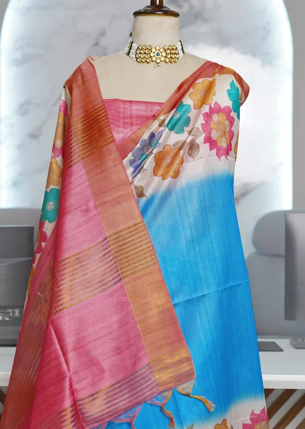 Soft_Tussar_Silk_sarees_with_Beautiful_Digital_Print_With_Attractive_Border_And_Contrast_Print_Blouse_With_Tassels