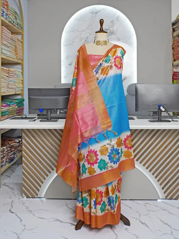 Soft_Tussar_Silk_sarees_with_Beautiful_Digital_Print_With_Attractive_Border_And_Contrast_Print_Blouse_With_Tassels