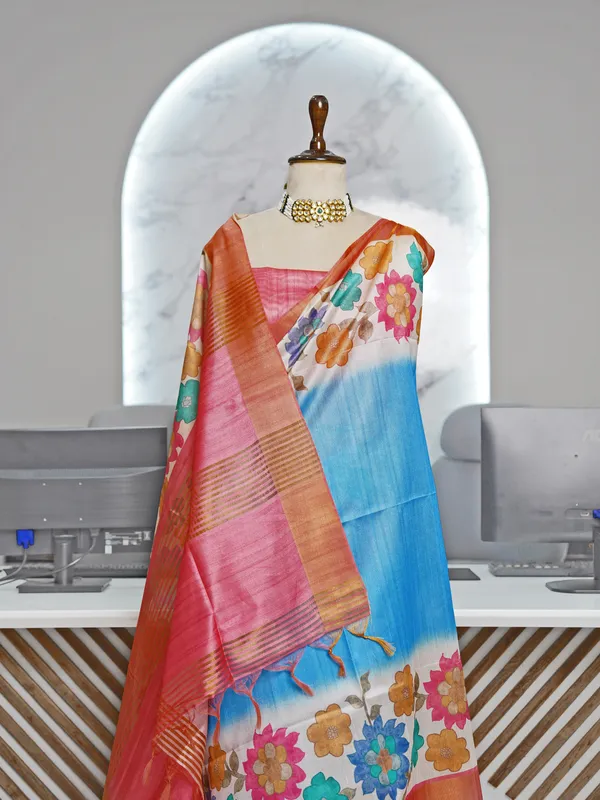 Soft_Tussar_Silk_sarees_with_Beautiful_Digital_Print_With_Attractive_Border_And_Contrast_Print_Blouse_With_Tassels