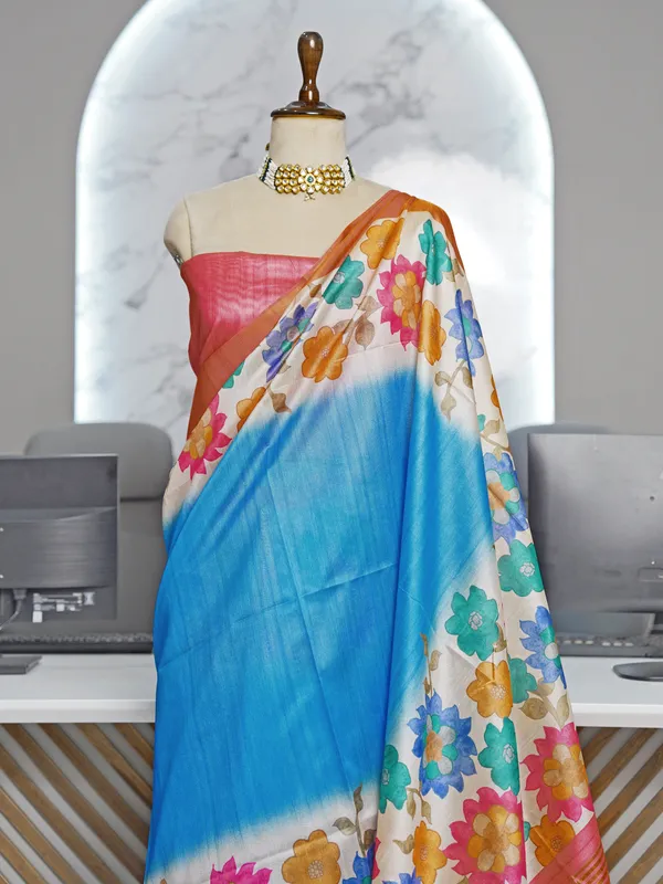 Soft_Tussar_Silk_sarees_with_Beautiful_Digital_Print_With_Attractive_Border_And_Contrast_Print_Blouse_With_Tassels
