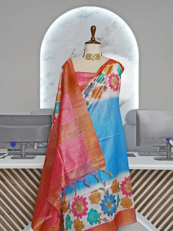 Soft_Tussar_Silk_sarees_with_Beautiful_Digital_Print_With_Attractive_Border_And_Contrast_Print_Blouse_With_Tassels