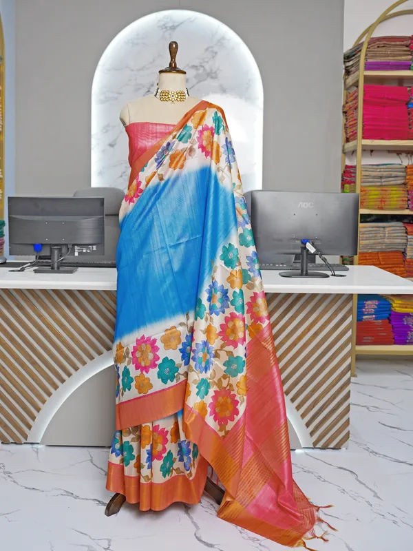 Soft_Tussar_Silk_sarees_with_Beautiful_Digital_Print_With_Attractive_Border_And_Contrast_Print_Blouse_With_Tassels