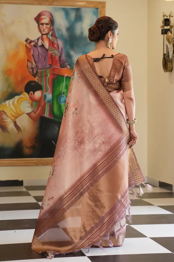 Savya_Coffee_Brown_–_Diwali_Special_|_Soft_Tissue_Silk_Saree_with_Digital_Print,_Border_&_Rich_Pallu,_Sequence_&_Contrast_Print_Blouse_with_Tassels