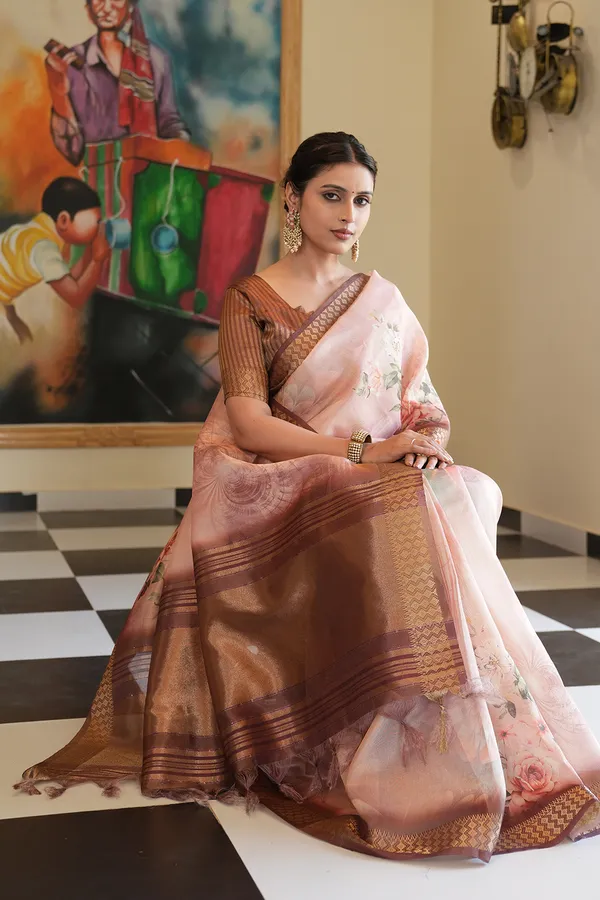 Savya_Coffee_Brown_–_Diwali_Special_|_Soft_Tissue_Silk_Saree_with_Digital_Print,_Border_&_Rich_Pallu,_Sequence_&_Contrast_Print_Blouse_with_Tassels