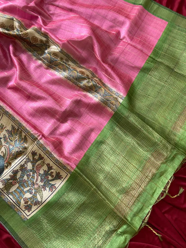 Soft_Semi_Tussar_Silk_sarees_with_Beautiful_Digital_Print_With_Attractive_Border_And_Contrast_Print_Blouse_With_Tassels