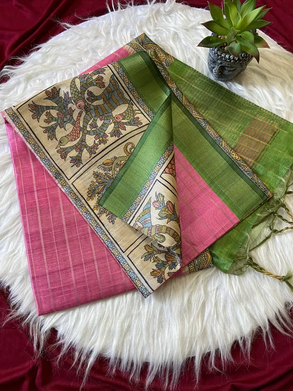 Soft_Semi_Tussar_Silk_sarees_with_Beautiful_Digital_Print_With_Attractive_Border_And_Contrast_Print_Blouse_With_Tassels