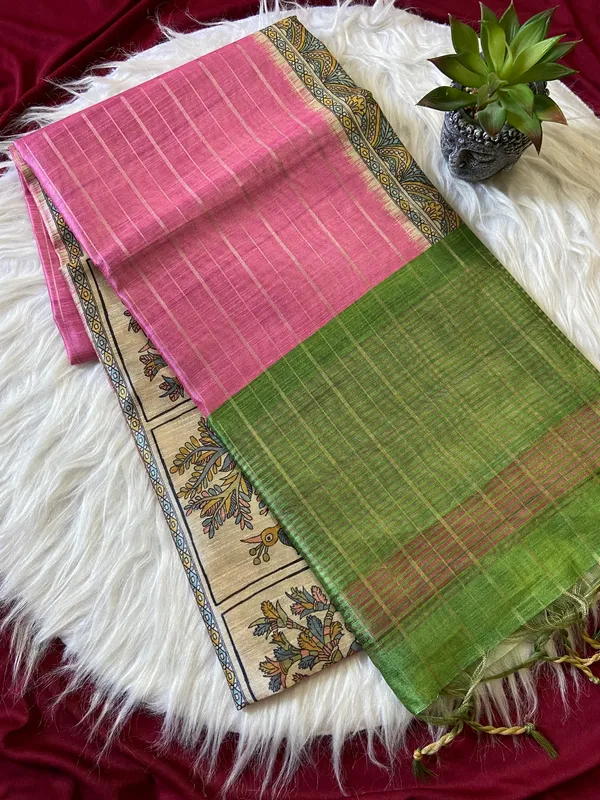 Soft_Semi_Tussar_Silk_sarees_with_Beautiful_Digital_Print_With_Attractive_Border_And_Contrast_Print_Blouse_With_Tassels