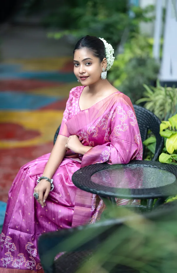 Lilavati_Wine_No.4_–_Charming_Diwali_Special_|_Soft_Tussar_Silk_Saree_with_Print,_Border_&_Contrast_Print_Blouse_with_Tassels