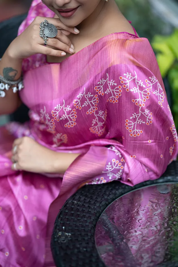 Lilavati_Wine_No.4_–_Charming_Diwali_Special_|_Soft_Tussar_Silk_Saree_with_Print,_Border_&_Contrast_Print_Blouse_with_Tassels