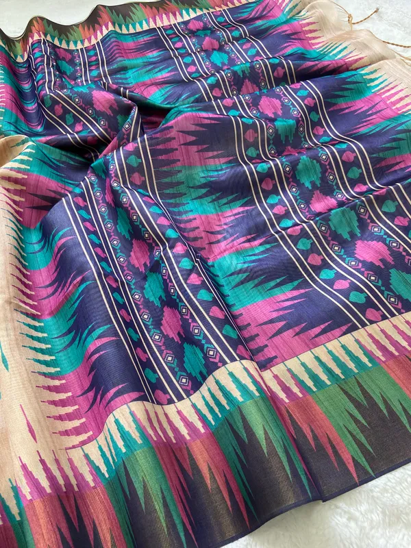 Manasvi_Purple_–_Noble_Hearted_Navratri_Special_|_Soft_Tussar_Silk_Saree_with_Print,_Border_&_Contrast_Print_Blouse_with_Tassels
