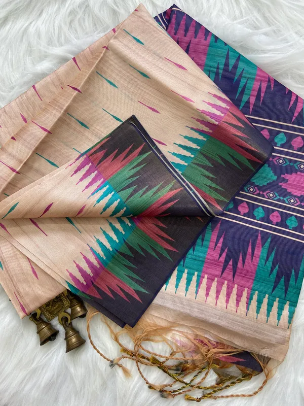 Manasvi_Purple_–_Noble_Hearted_Navratri_Special_|_Soft_Tussar_Silk_Saree_with_Print,_Border_&_Contrast_Print_Blouse_with_Tassels