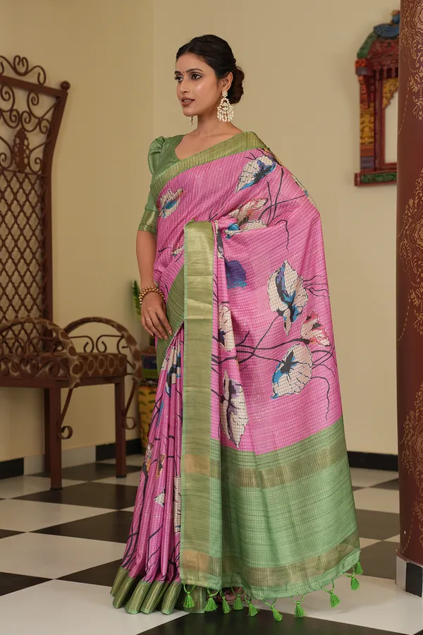 Purna_Pink_–_Complete_Aesthetic_Edit_for_You_|_Soft_Tussar_Silk_Saree_with_Digital_Print,_Checks_Design_Saree_&_Digital_Print_Blouse_with_Tassels