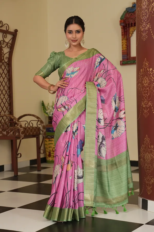 Purna_Pink_–_Complete_Aesthetic_Edit_for_You_|_Soft_Tussar_Silk_Saree_with_Digital_Print,_Checks_Design_Saree_&_Digital_Print_Blouse_with_Tassels