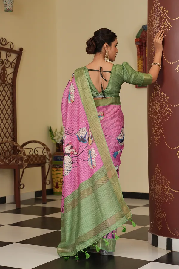 Purna_Pink_–_Complete_Aesthetic_Edit_for_You_|_Soft_Tussar_Silk_Saree_with_Digital_Print,_Checks_Design_Saree_&_Digital_Print_Blouse_with_Tassels