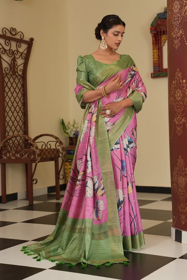 Purna_Pink_–_Complete_Aesthetic_Edit_for_You_|_Soft_Tussar_Silk_Saree_with_Digital_Print,_Checks_Design_Saree_&_Digital_Print_Blouse_with_Tassels