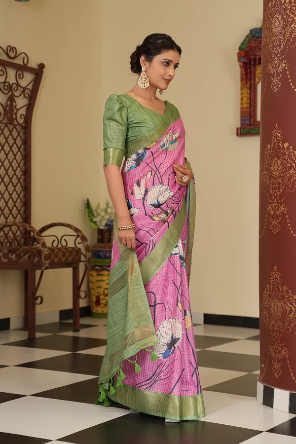 Purna_Pink_–_Complete_Aesthetic_Edit_for_You_|_Soft_Tussar_Silk_Saree_with_Digital_Print,_Checks_Design_Saree_&_Digital_Print_Blouse_with_Tassels