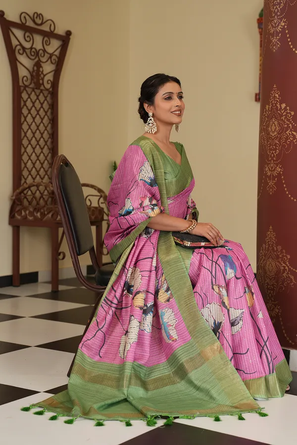 Purna_Pink_–_Complete_Aesthetic_Edit_for_You_|_Soft_Tussar_Silk_Saree_with_Digital_Print,_Checks_Design_Saree_&_Digital_Print_Blouse_with_Tassels