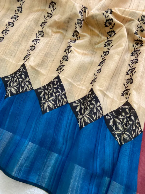 Soft_Tussar_Silk_sarees_with_Beautiful_Print_With_Attractive_Border_And_Contrast_Print_Blouse_With_Tassels