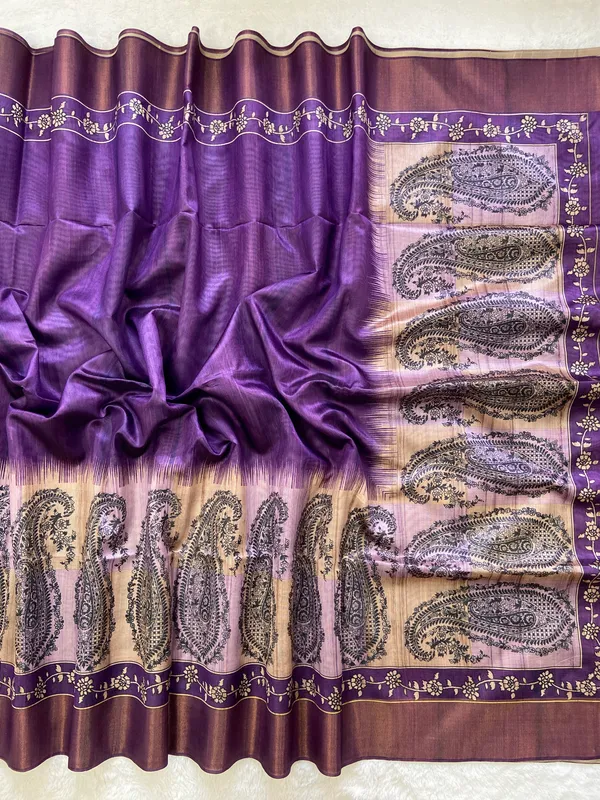 Falak_Wine_–_Skyward_Diwali_Special_|_Soft_Tussar_Silk_Saree_with_Print,_Border_&_Contrast_Print_Blouse_with_Tassels