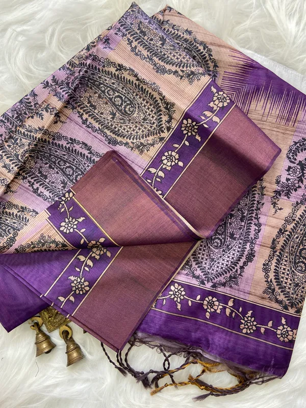 Falak_Wine_–_Skyward_Diwali_Special_|_Soft_Tussar_Silk_Saree_with_Print,_Border_&_Contrast_Print_Blouse_with_Tassels