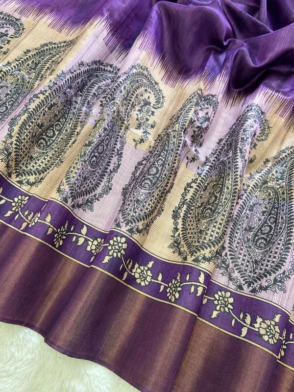 Falak_Wine_–_Skyward_Diwali_Special_|_Soft_Tussar_Silk_Saree_with_Print,_Border_&_Contrast_Print_Blouse_with_Tassels
