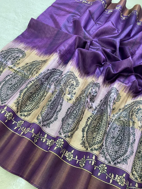 Falak_Wine_–_Skyward_Diwali_Special_|_Soft_Tussar_Silk_Saree_with_Print,_Border_&_Contrast_Print_Blouse_with_Tassels