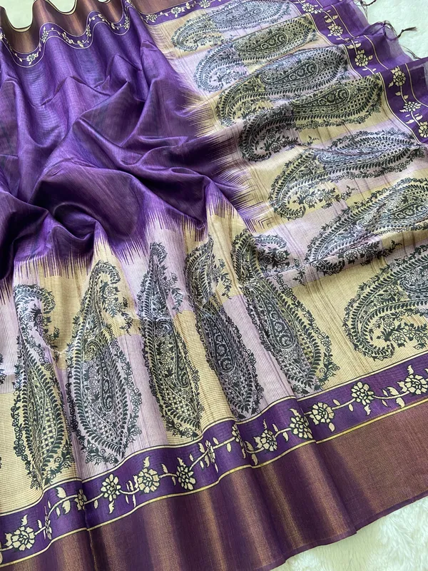 Falak_Wine_–_Skyward_Diwali_Special_|_Soft_Tussar_Silk_Saree_with_Print,_Border_&_Contrast_Print_Blouse_with_Tassels