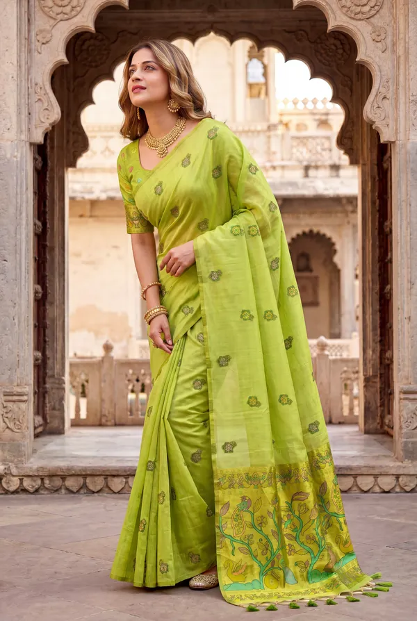 Swan_Parrot_Green_–_Swan_Motif_Wedding_Special_|_Premium_Soft_Muga_Cotton_Paithani_Saree_with_Weaving_Design_Featuring_Jungle_Theme