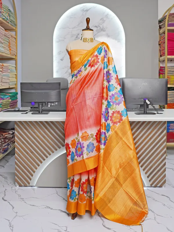 Aashvika_Orange_–_Diwali_Special_|_Soft_Tussar_Silk_Saree_with_Digital_Print,_Border_&_Contrast_Print_Blouse_with_Tassels
