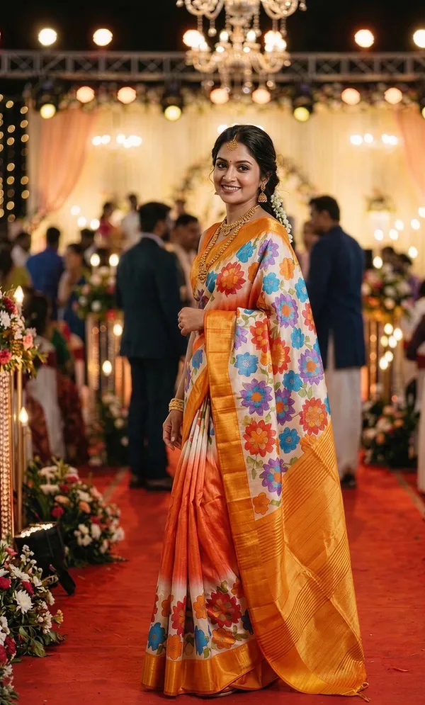 Aashvika_Orange_–_Diwali_Special_|_Soft_Tussar_Silk_Saree_with_Digital_Print,_Border_&_Contrast_Print_Blouse_with_Tassels