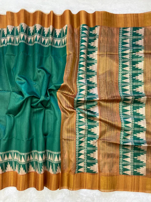 Niharika_Green_–_Dew_Fresh_Navratri_Special_|_Soft_Tussar_Silk_Saree_with_Print,_Border_&_Contrast_Print_Blouse_with_Tassels